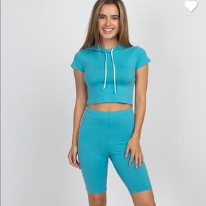 Teal Aqua Blue  2 Piece White Stripe Shorts Set